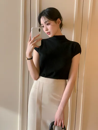 REINE レンヌ リウム キャップスリーブ ニット - 5色展開の通勤・結婚式スタイル 画像 3
