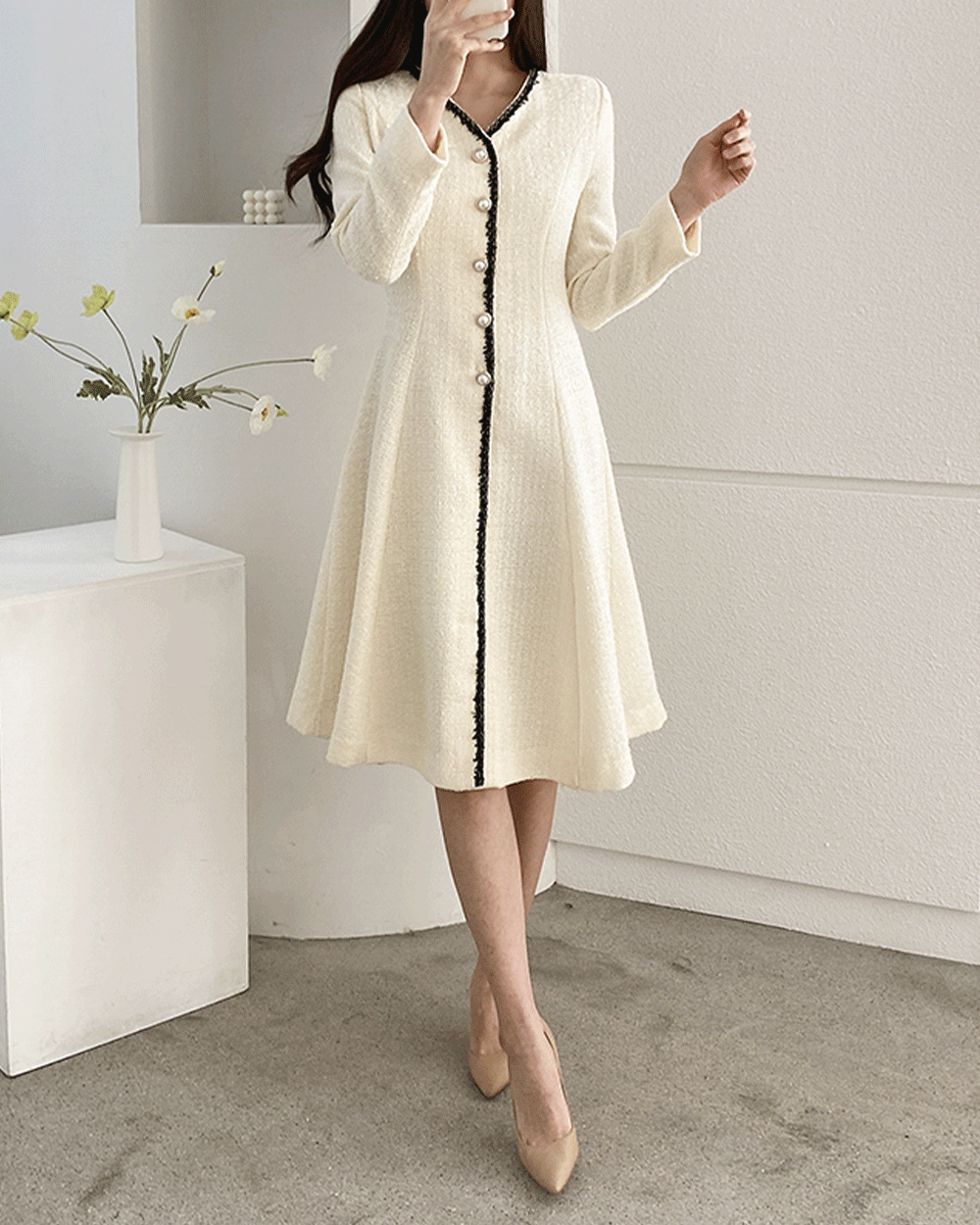 디어메리다 SL 77가능 하객 오피스 진주 브이넥 트위드 원피스