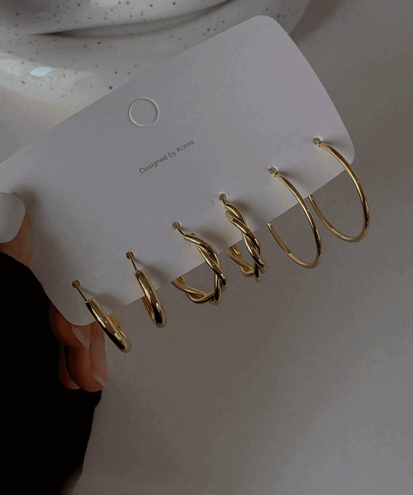 [S925/2+1SET] Golden Ring Earring 골드 링 꼬임 라운드 미니 귀걸이 세트