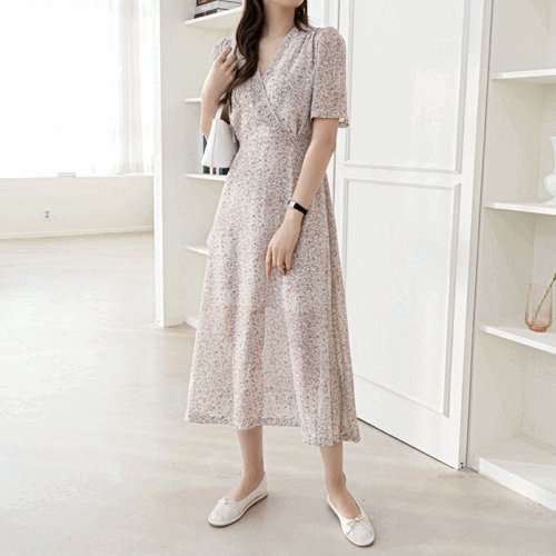 온데일리 플라워 쉬폰 브이넥 반팔 롱 플레어 원피스(2color)