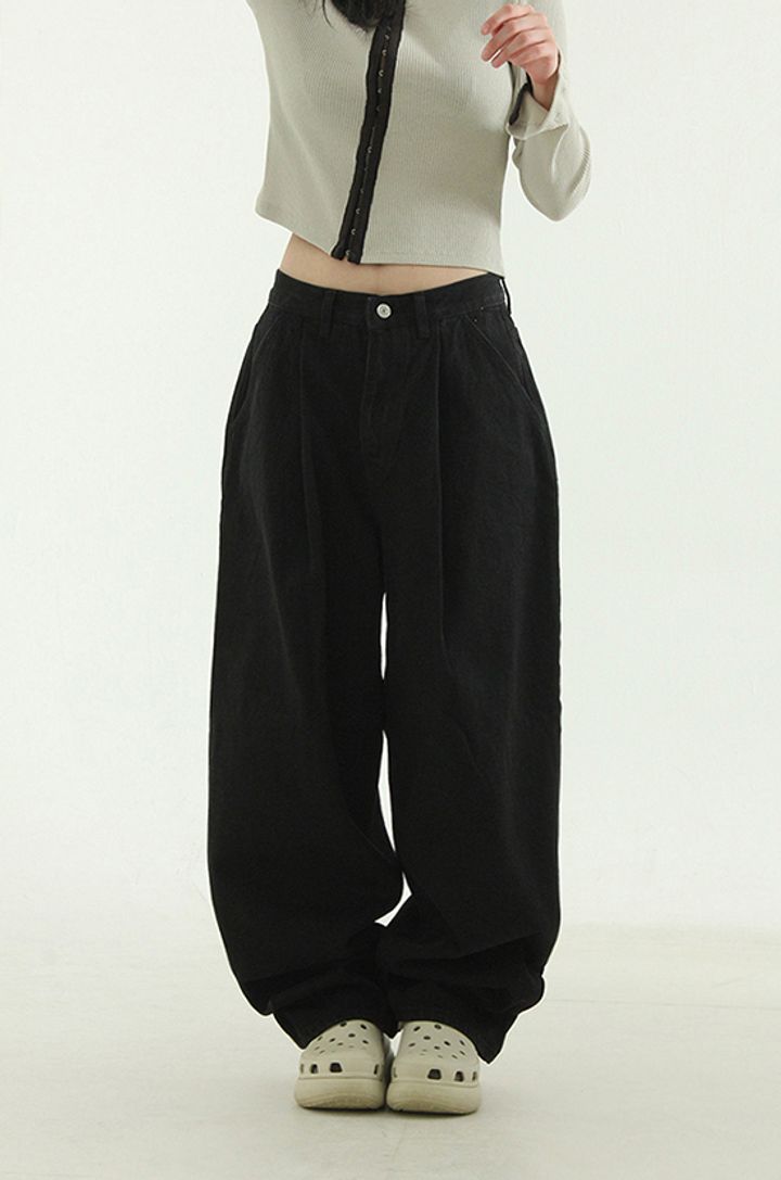 【LOCAL MANSION】男女兼用★pin tuck wide black boy jean 로컬맨션 pin tuck wide black boy jean (unisex)