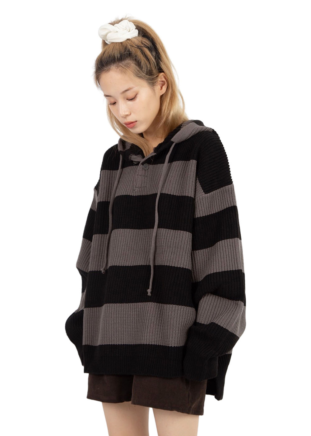 [지그재그] STRIPE WARMER KNIT HOODIE
