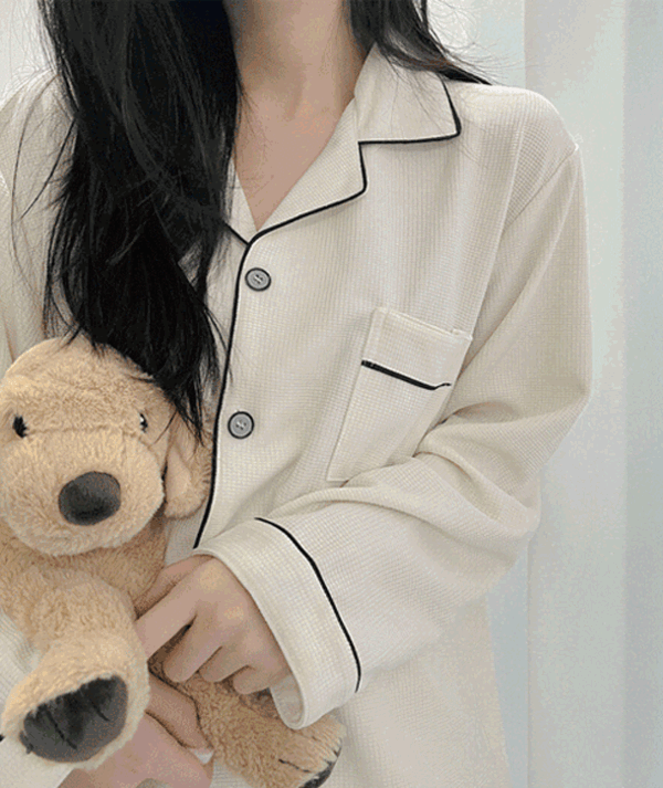 🚀[반팔추가/+남성size] B.N 와플원단 에브리데이 배색 모던 심플 무지 루즈핏 긴팔 파자마 커플룩 겨울 잠옷 세트/시밀러룩