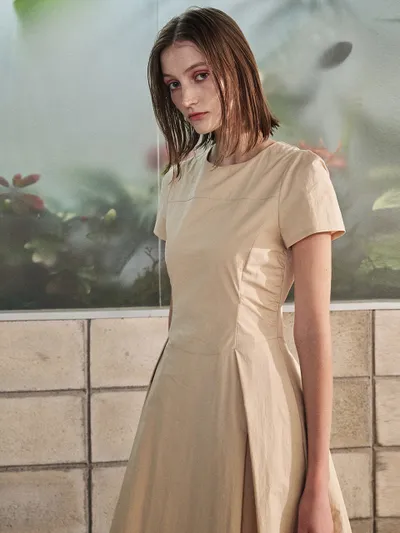 ワンピース ETMON Side Shirring Pintuck Dress, Yellow Beige 에트몽 Side Shirring Pintuck Dress, Yellow Beige