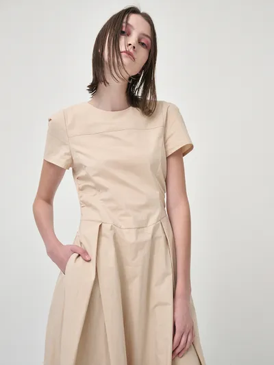 ワンピース ETMON Side Shirring Pintuck Dress, Yellow Beige 에트몽 Side Shirring Pintuck Dress, Yellow Beige