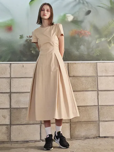 ワンピース ETMON Side Shirring Pintuck Dress, Yellow Beige 에트몽 Side Shirring Pintuck Dress, Yellow Beige