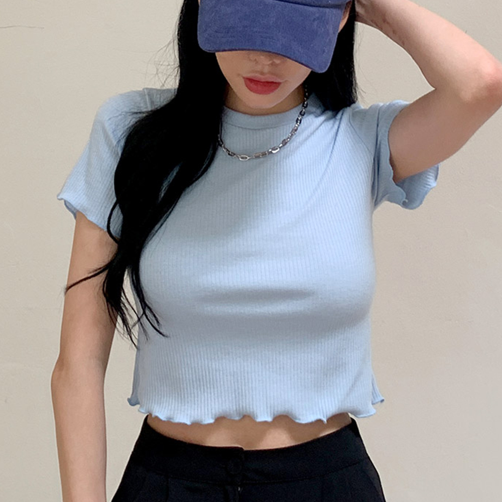 꾸민하루 4컬러 세미 크롭 반팔 티셔츠 골지 물결 흰티 쫀쫀 프릴 여름 발레코어어
