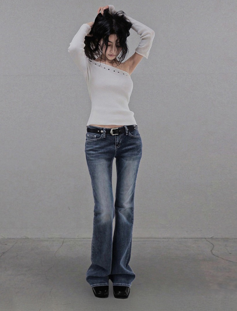 시크윈 [당일출고] WHITE RIVET STITCH LOW BOOTCUT DENIM JEANS 화이트 리벳 스티치 로우 슬림 ...