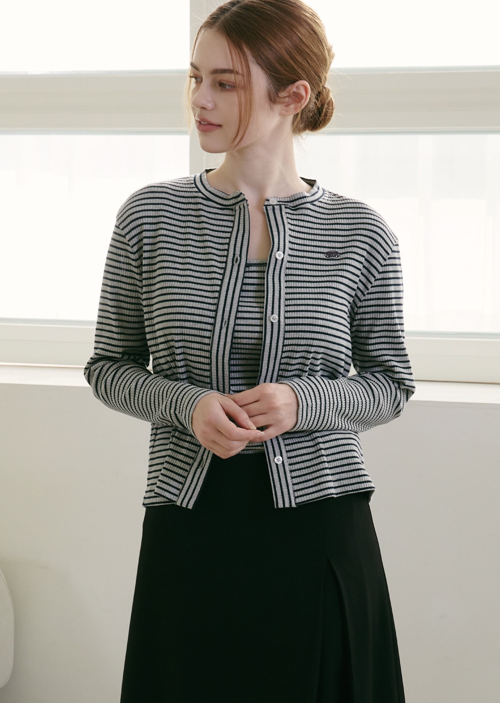 퍼햅스바이안나 (2PCS SET) Stripe Rib Cardigan (Inner Tank included)