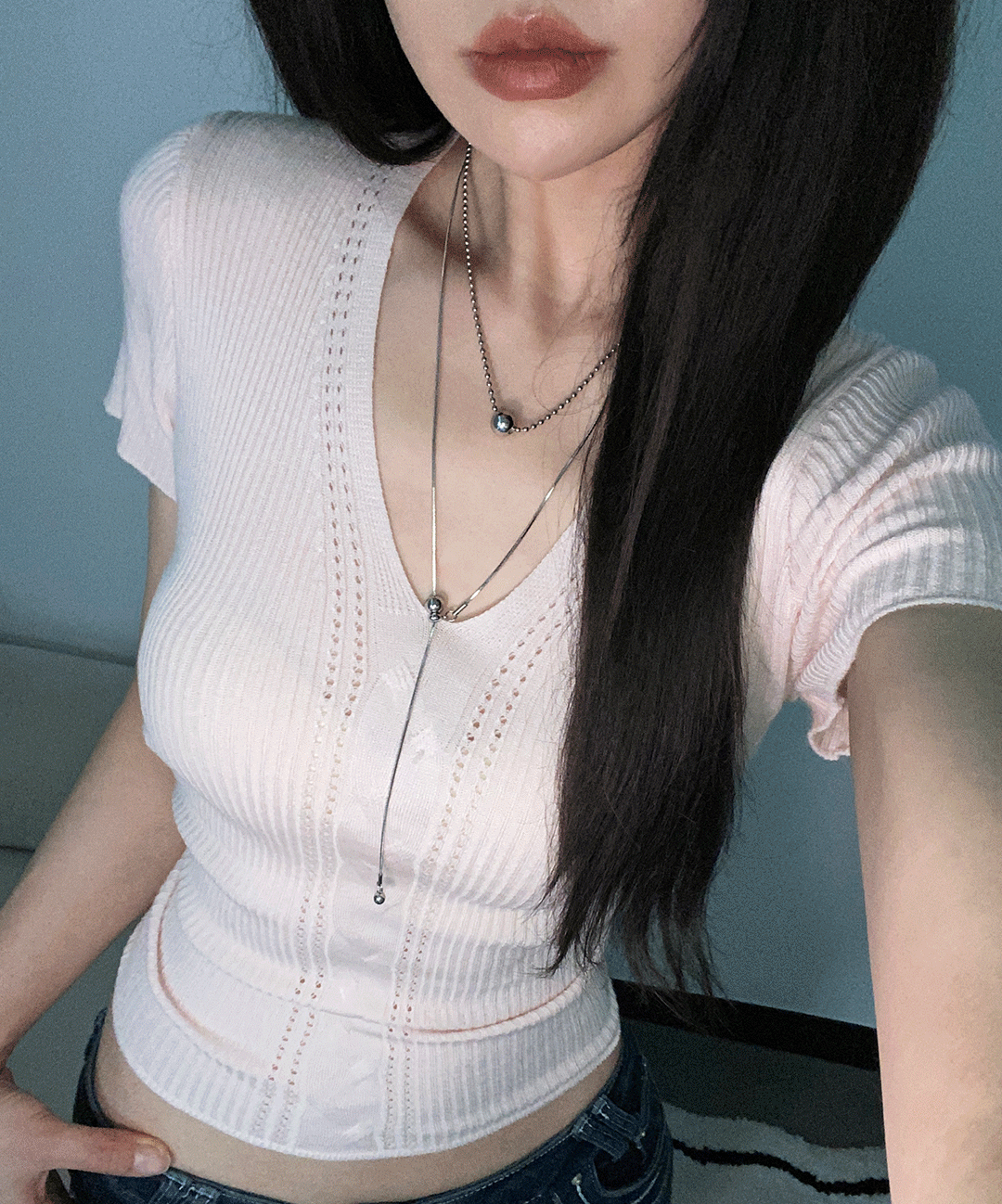 LOVELYHIP ブーティスリムVネックパンチングリブ半袖ニット