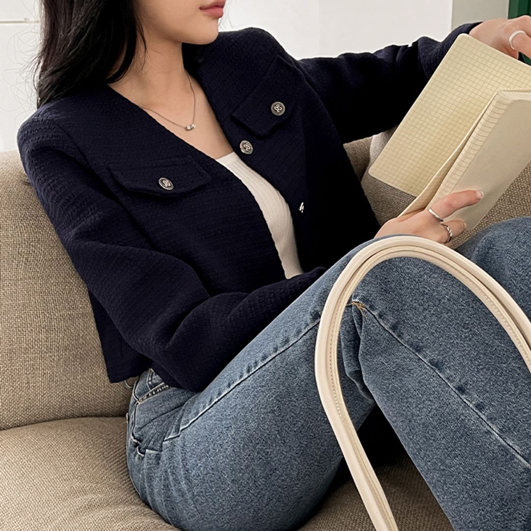 ノーカラーツイードジャケット