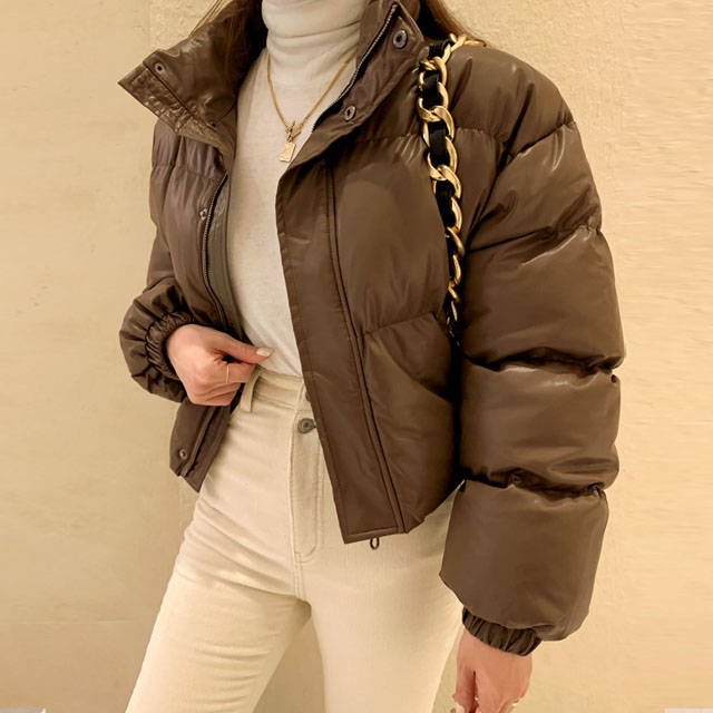 레더 패딩점퍼/하이넥/블랙패딩/크롭점퍼/레더패딩/가죽패딩/집업패딩/숏패딩/가죽항공점퍼/ 유광패딩/비건패딩