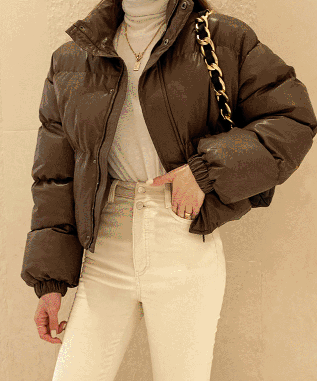 레더 패딩점퍼/하이넥/블랙패딩/크롭점퍼/레더패딩/가죽패딩/집업패딩/숏패딩/가죽항공점퍼/ 유광패딩/비건패딩