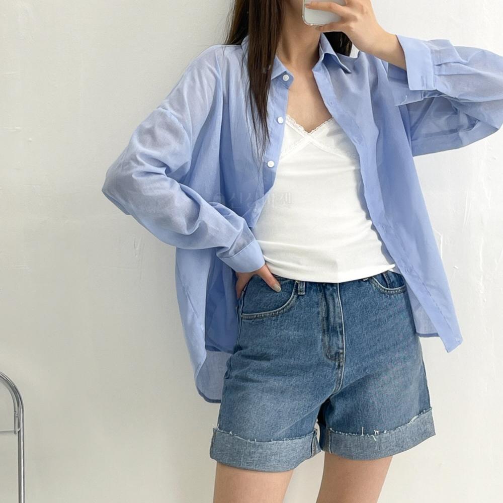 19써니 거즈면 시스루 여성 여름 루즈핏 긴팔 셔츠 남방
