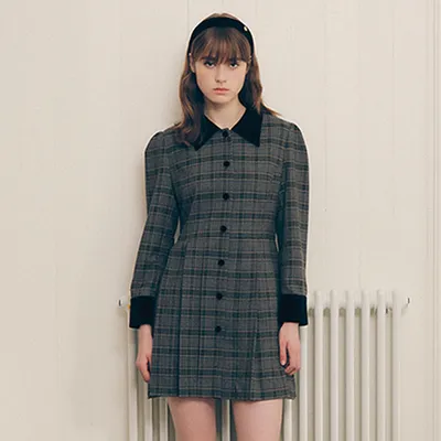 ROLAROLA★大人気★CHECK COLLAR PLEATS ONE-PIECE 로라로라 CHECK COLLAR PLEATS ONE-PIECE GRAY