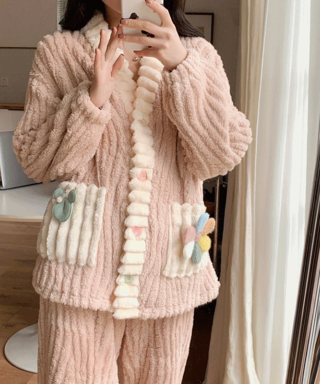 베스트/인기 겨울파자마! 재입고완료! 긴팔 보들버튼 메이링 극세사 수면잠옷 원피스 우정파자마 상하세트 홈웨어 (2942)