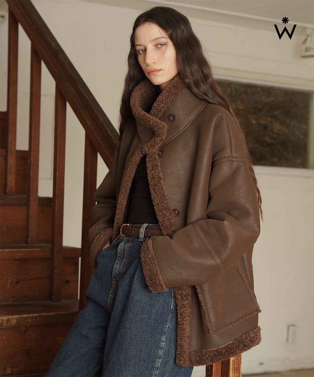 하이넥 버튼 레더 무스탕 양털 하프 자켓 (WIBDJK007)