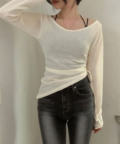LAVUMARKET ラビューマーケット マロニ ボートネック シュリング メッシュ ニット 長袖Tシャツ 3色展開 画像 1