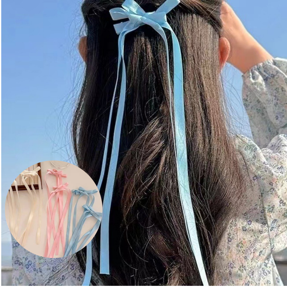 별오점 발레코어 꼬리 롱 리본핀 [미니 양갈래 땋은 새틴 공단 아이돌 헤어 집게 옆 머리 핀]