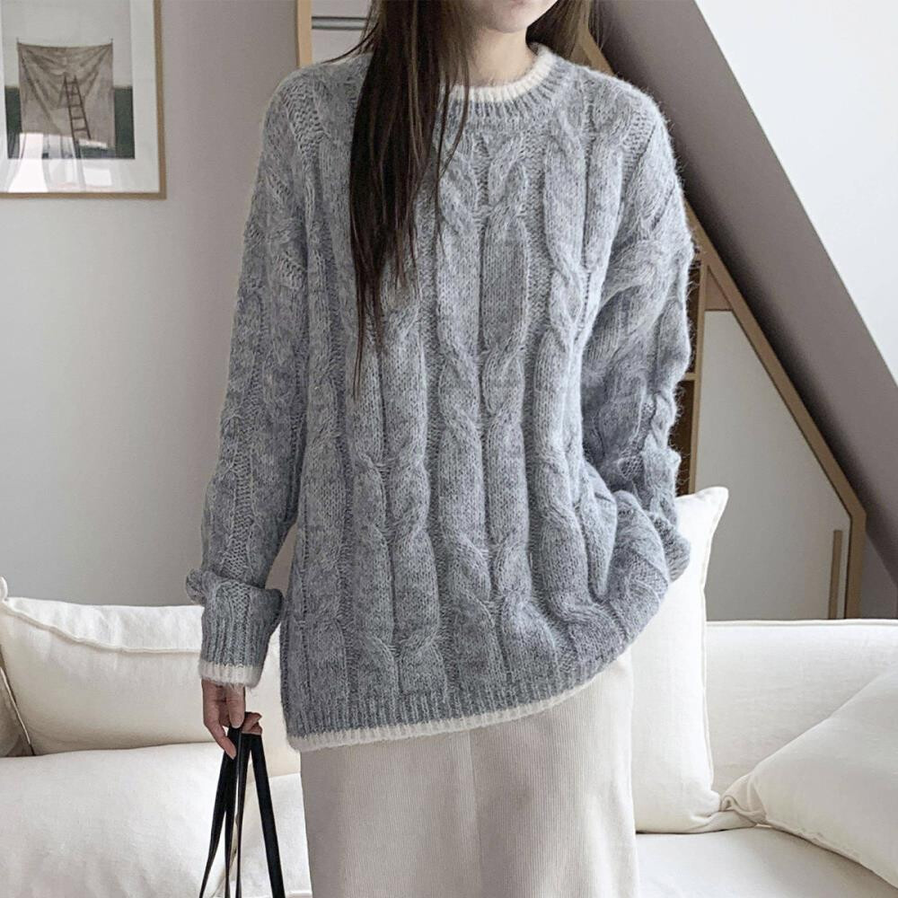 [옷자락] 여성 루즈핏 꽈배기 케이블 배색 긴팔 니트