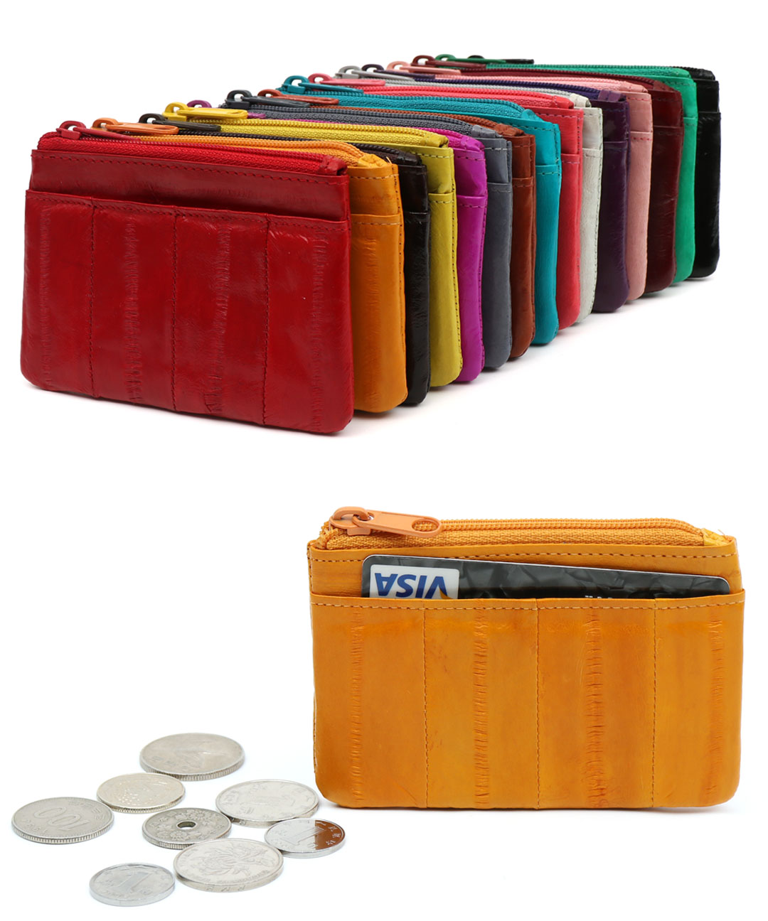 패션 바이 카카오 | W09 지퍼 동전 코인 카드 명함 지갑 장어 가죽 지갑 남자 여자 엄마 남녀공용 빈티지 가벼운 미니 슬림 지갑 선물