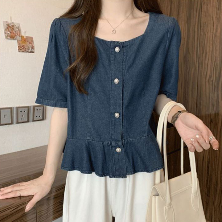 [리오더베스트] [키첼] 세엘티 데님 반팔 블라우스