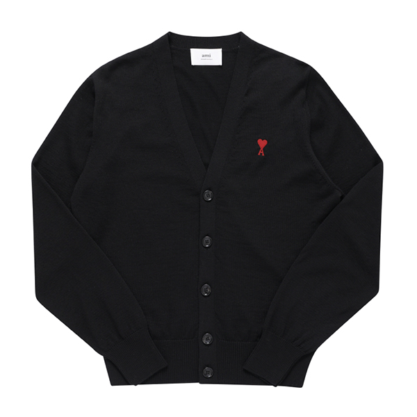 AMI BFHKC111 KN0025 001 아미 드 꾀흐 스몰 하트 로고 브이넥 남성 가디건