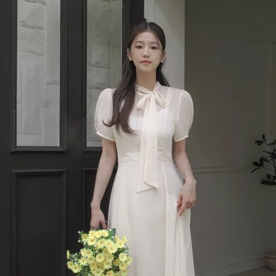 DALIHOTEL ロエリン ラウンドタイ フレア パフ 半袖 シフォン ロングワンピース 画像 1