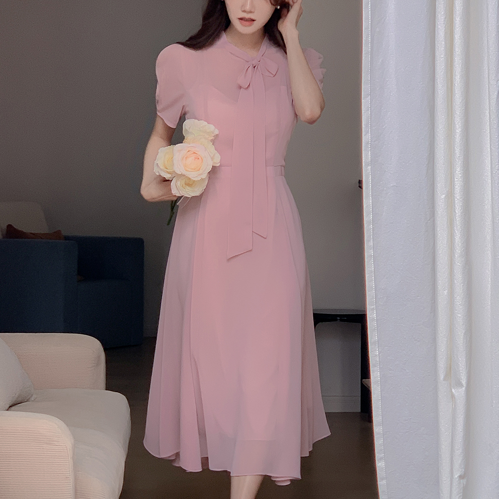 DALIHOTEL ロエリン ラウンドタイ フレア パフ 半袖 シフォン ロングワンピース 画像 5