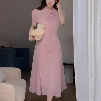 DALIHOTEL ロエリン ラウンドタイ フレア パフ 半袖 シフォン ロングワンピース 画像 5