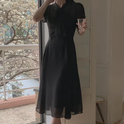 DALIHOTEL ロエリン ラウンドタイ フレア パフ 半袖 シフォン ロングワンピース 画像 8