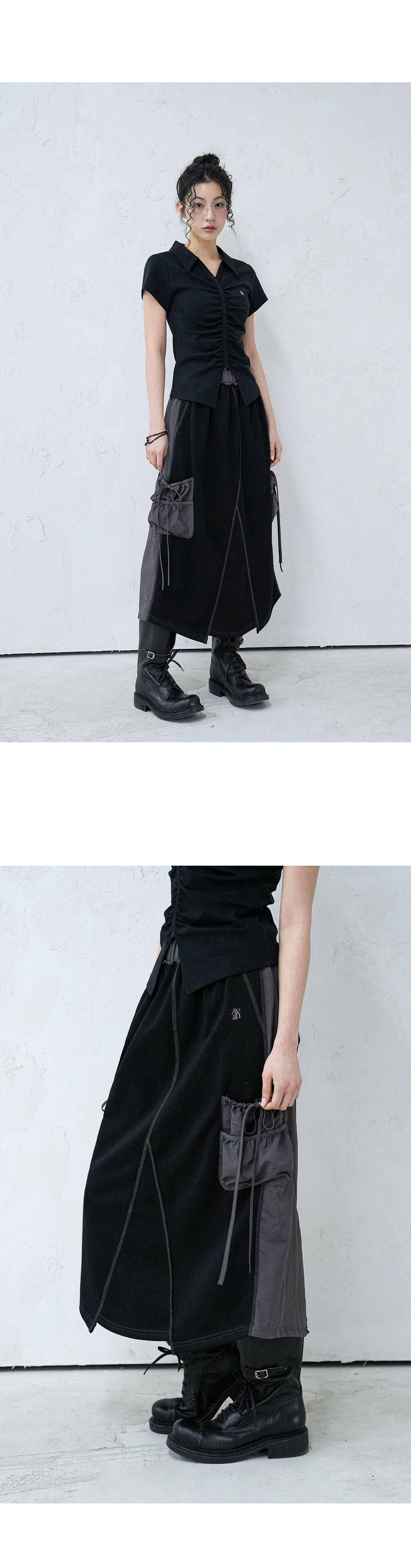 어반드레스 Y Taslan Coloring Long Skirt BLACK X CHARCOAL