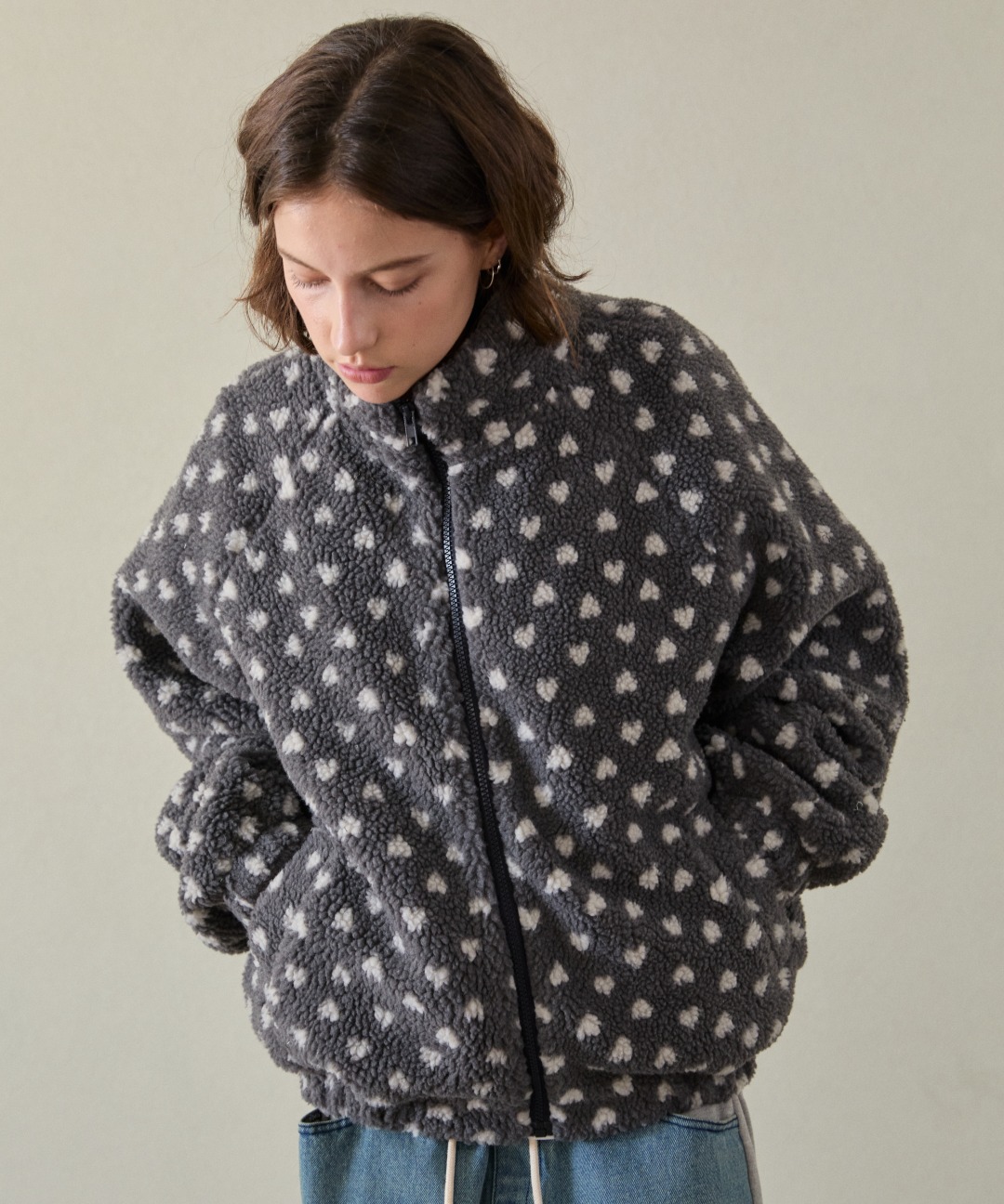 위오이 Heart Dumble Fleece Jacket Grey