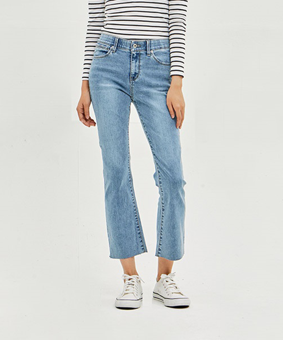 여성) 오비안밴드 밑단컷팅 올약워싱 슬림_AM1DNE165-LB