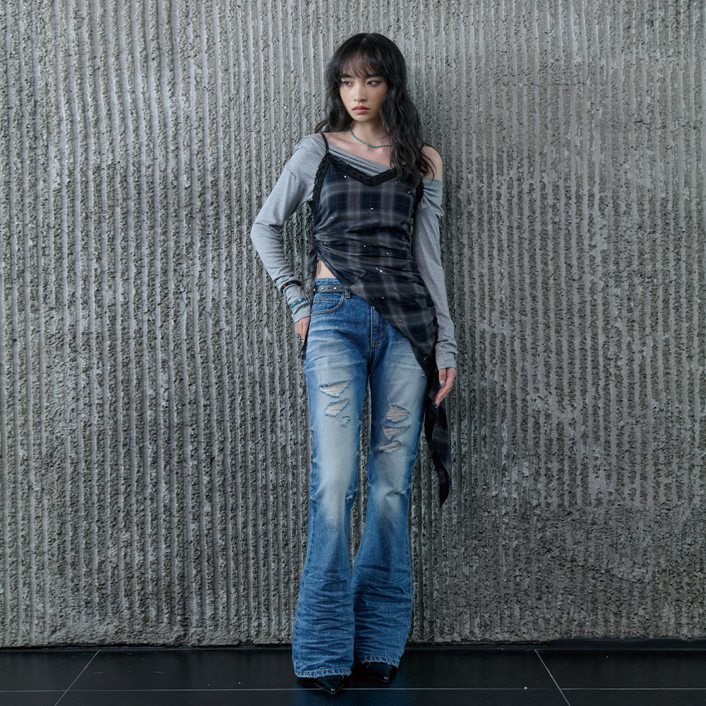 노엑스트라터치 Check Side Shirring Asymmetrical Lace Slip