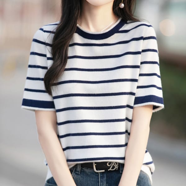 [나바바] NK2906 캐주얼 데일리 단가라 라운드넥 반팔 니트티