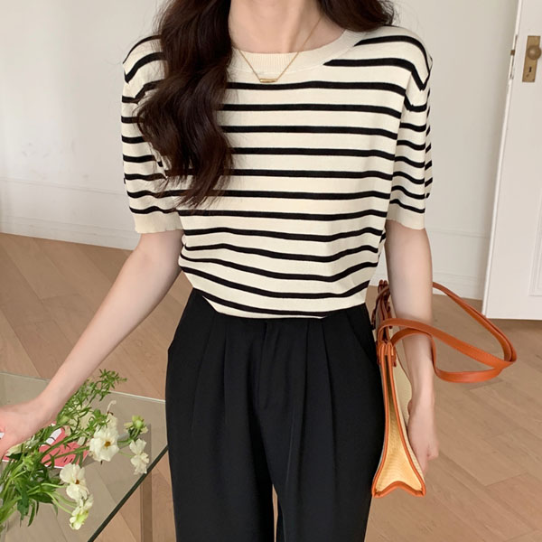 센느 스트라이프 반팔 니트_BK1LK012