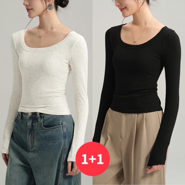 [나바바] NT3223 여성 1 + 1 무지 골지 슬림핏 U넥 긴팔 티셔츠