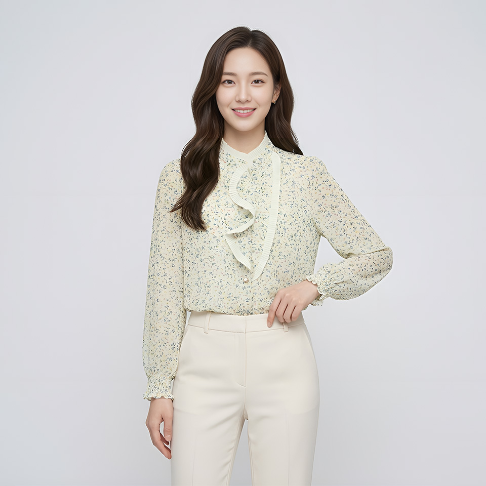 [조이너스]플라워 패턴 플리츠 블라우스-JS23BB3002338B