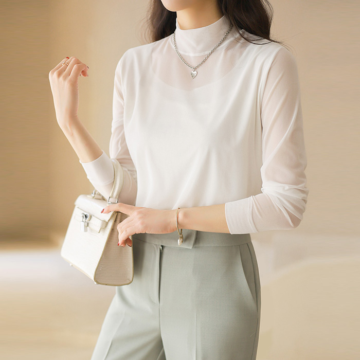 [스타일온미] 엔데이 심플 베이직 쿨링 시스루 레이어드 반하이넥 티셔츠