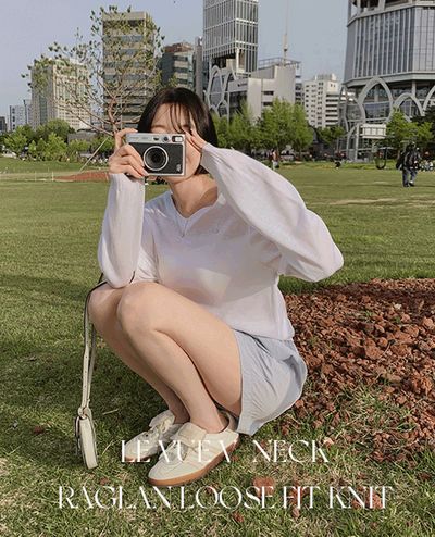 NEEER ニア ルビュー Vネック レグラン シースルー ルーズフィット ニット 画像 1