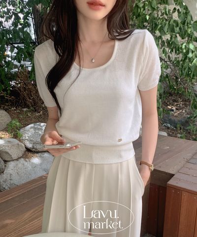 LAVUMARKET ラビューマケットの休暇用リネンラウンドネックワッペンクロップ半袖ニット5色 画像 1