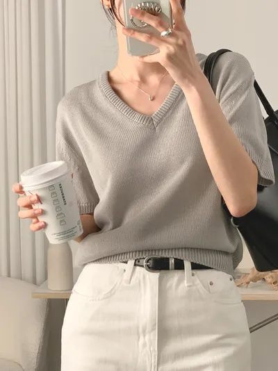 WEAR-THOUGHT サセク ロデ V 夏用 半袖ニット (ミュートグレー) 画像 5