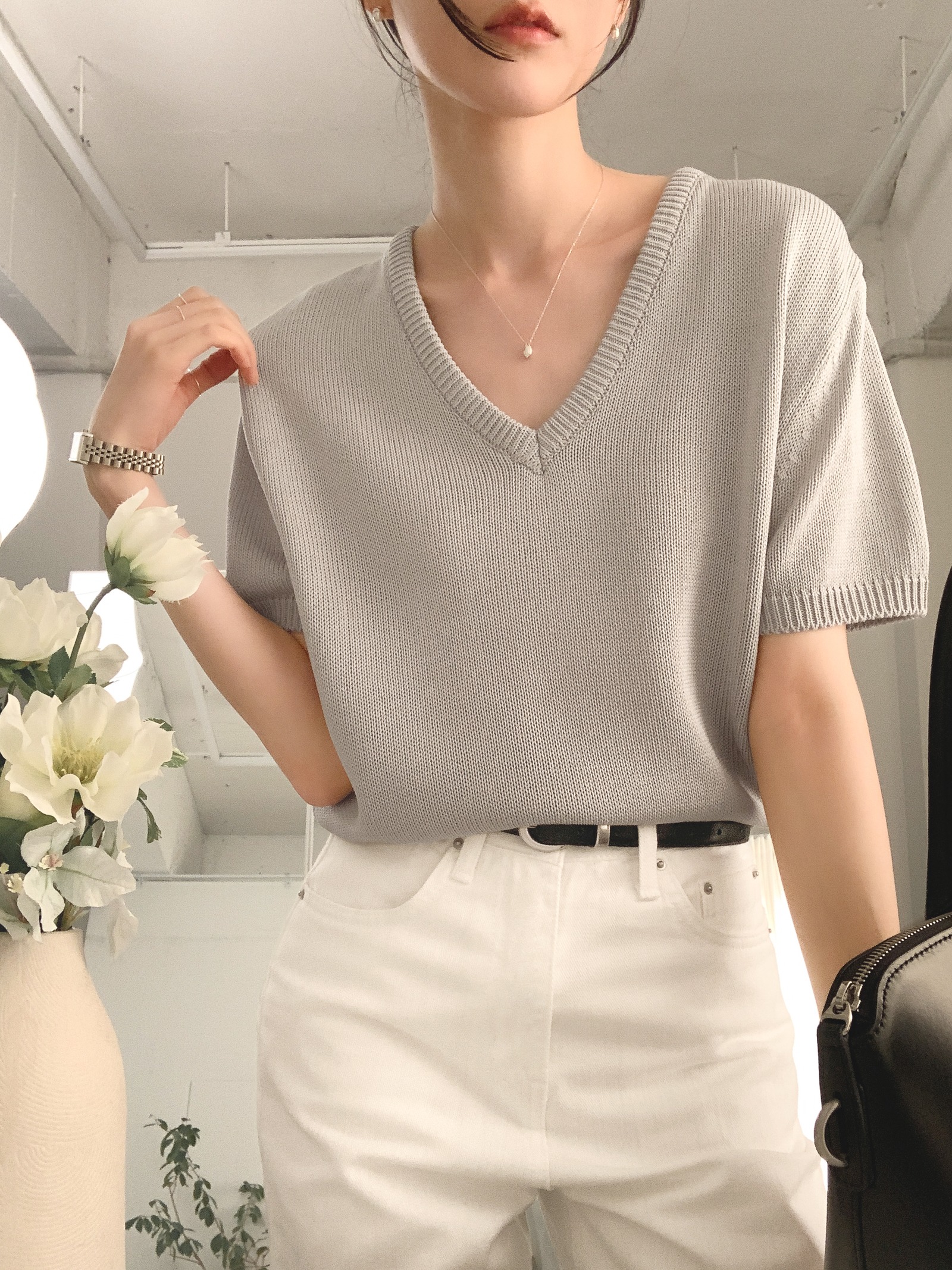 WEAR-THOUGHT サセク ロデ V 夏用 半袖ニット (ミュートグレー) 画像 6