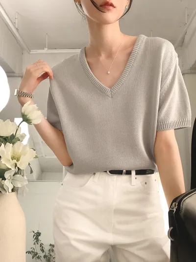 WEAR-THOUGHT サセク ロデ V 夏用 半袖ニット (ミュートグレー) 画像 6