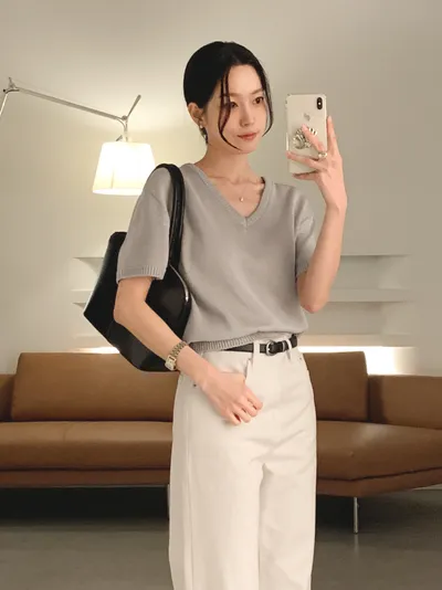 WEAR-THOUGHT サセク ロデ V 夏用 半袖ニット (ミュートグレー) 画像 8