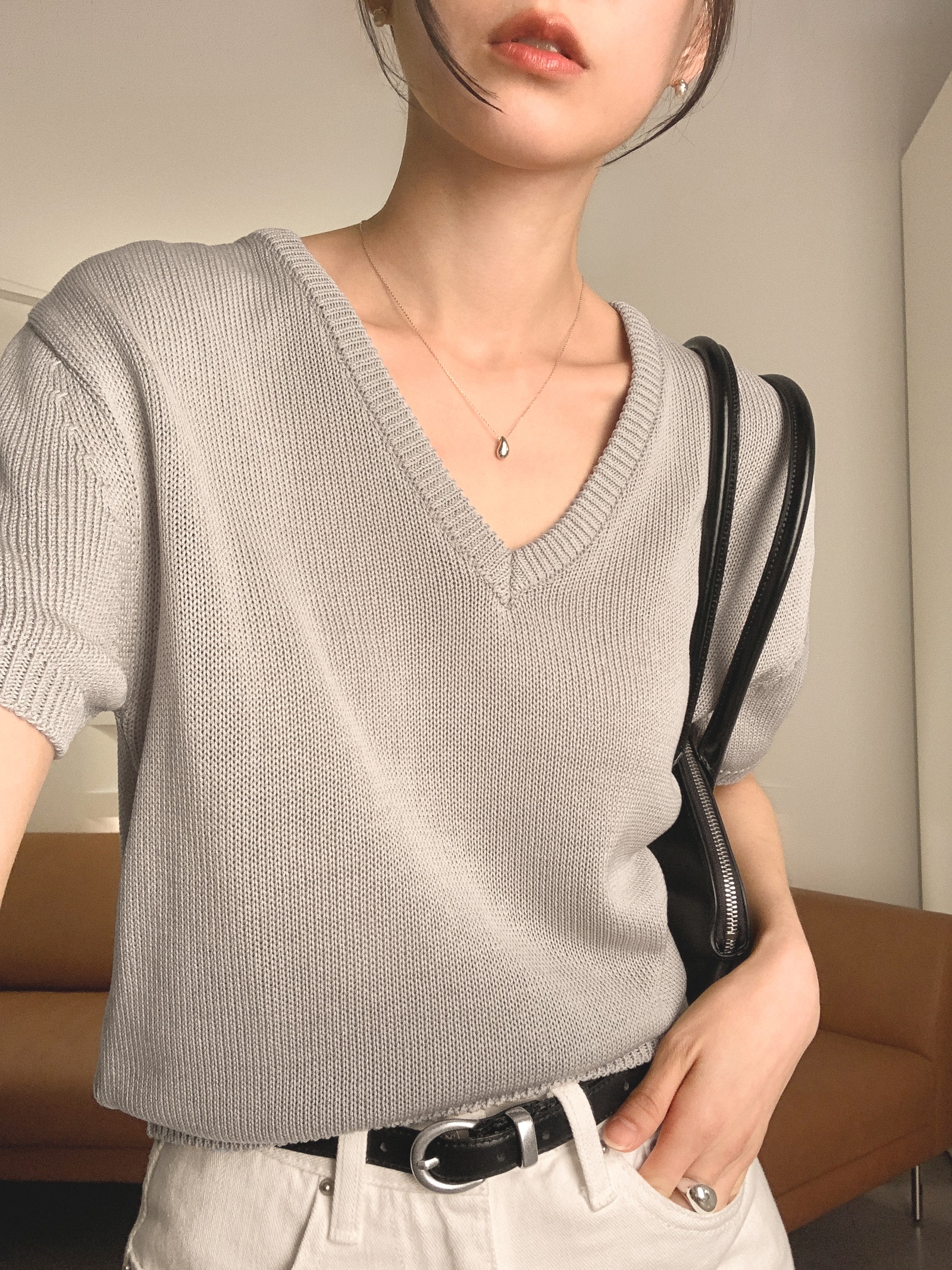 WEAR-THOUGHT サセク ロデ V 夏用 半袖ニット (ミュートグレー) 画像 9