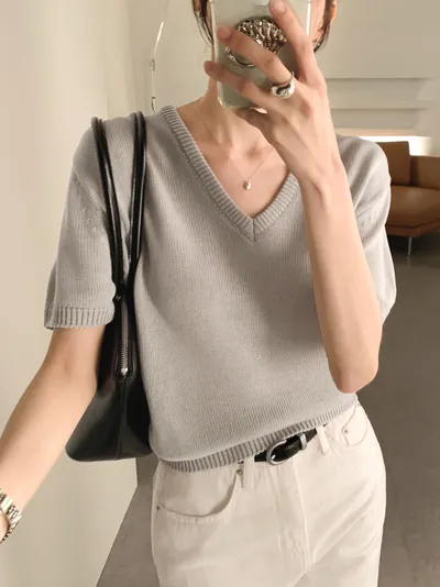WEAR-THOUGHT サセク ロデ V 夏用 半袖ニット (ミュートグレー) 画像 10