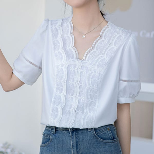 [나바바] NB2806 레이스 포인트 브이넥 반팔 블라우스