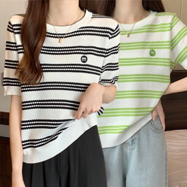 [나바바] NK2238 여성 1 + 1 단가라 라운드넥 반팔 니트